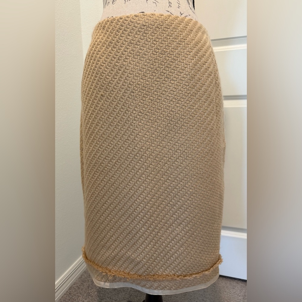Vintage Grace Dane Lewis Elegant Midi Tan Knit Skirt w/Brush Fringe Hem & Ribbon